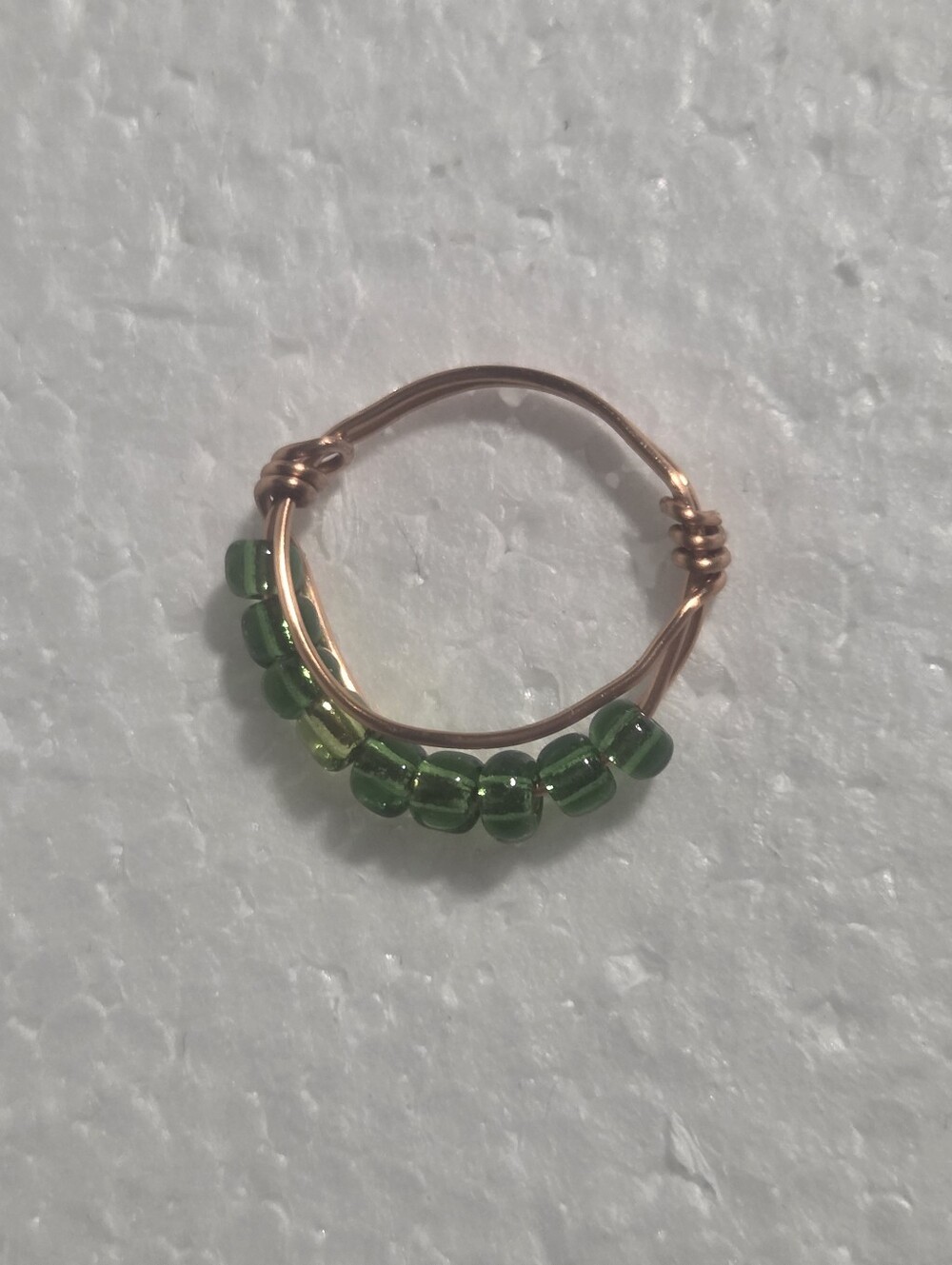 Handcrafted Green Beaded And Copper Wire Ring